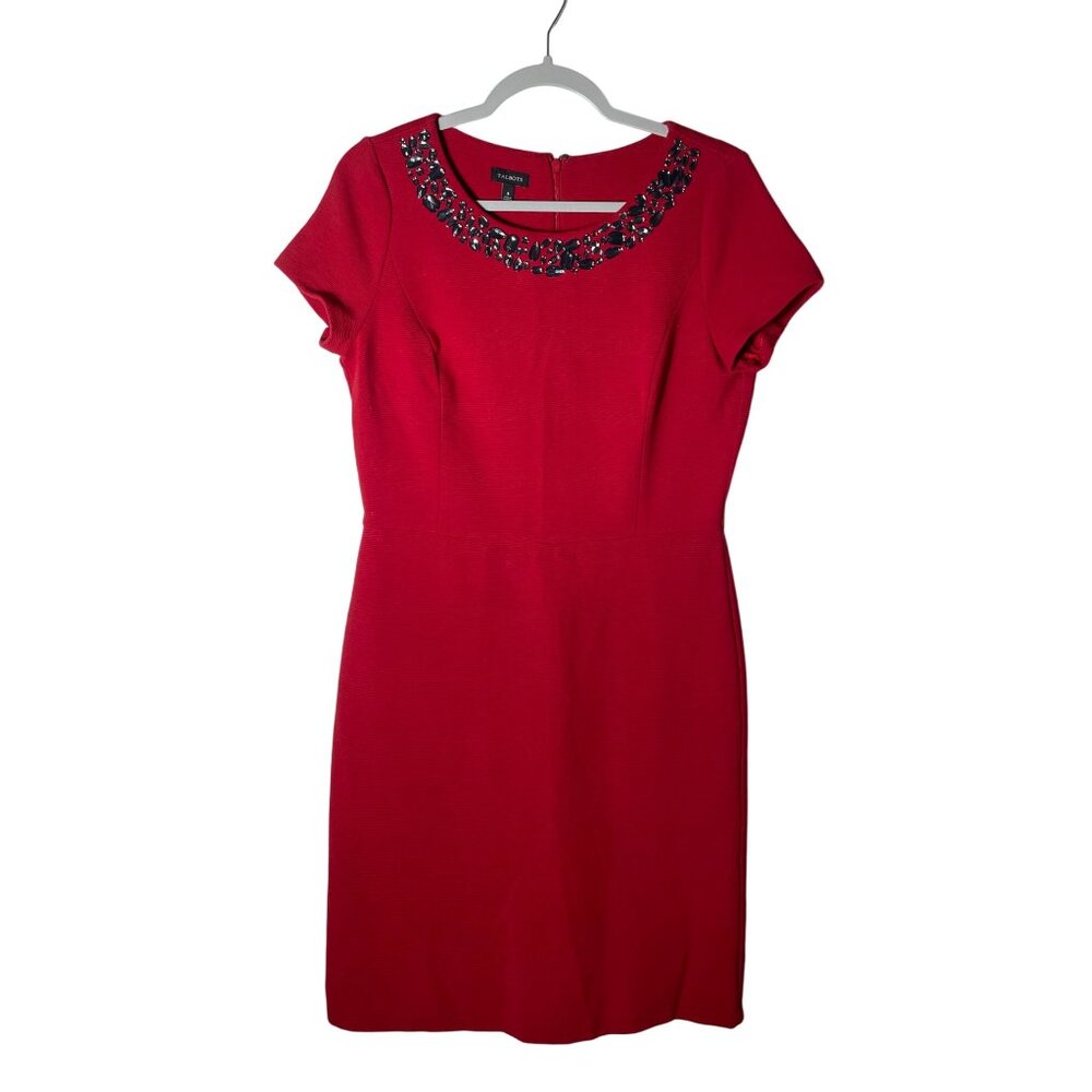 Talbots Women’s Size 8 Red Jewel Embellished Collar Short Sleeve Holiday Dress